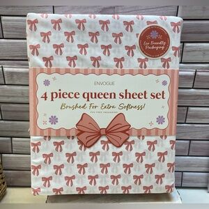 EnVogue ❤️Pink Bow Coquette Queen Sheet Set 'Brushed for Extra Softness' - BNWT